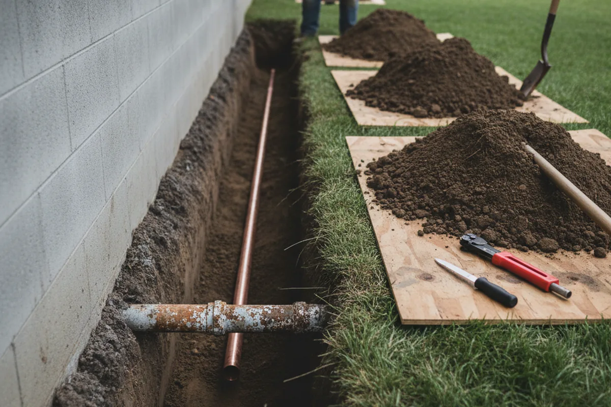Excavated water line trench during Sewer Line Repair in Fraziers Bottom